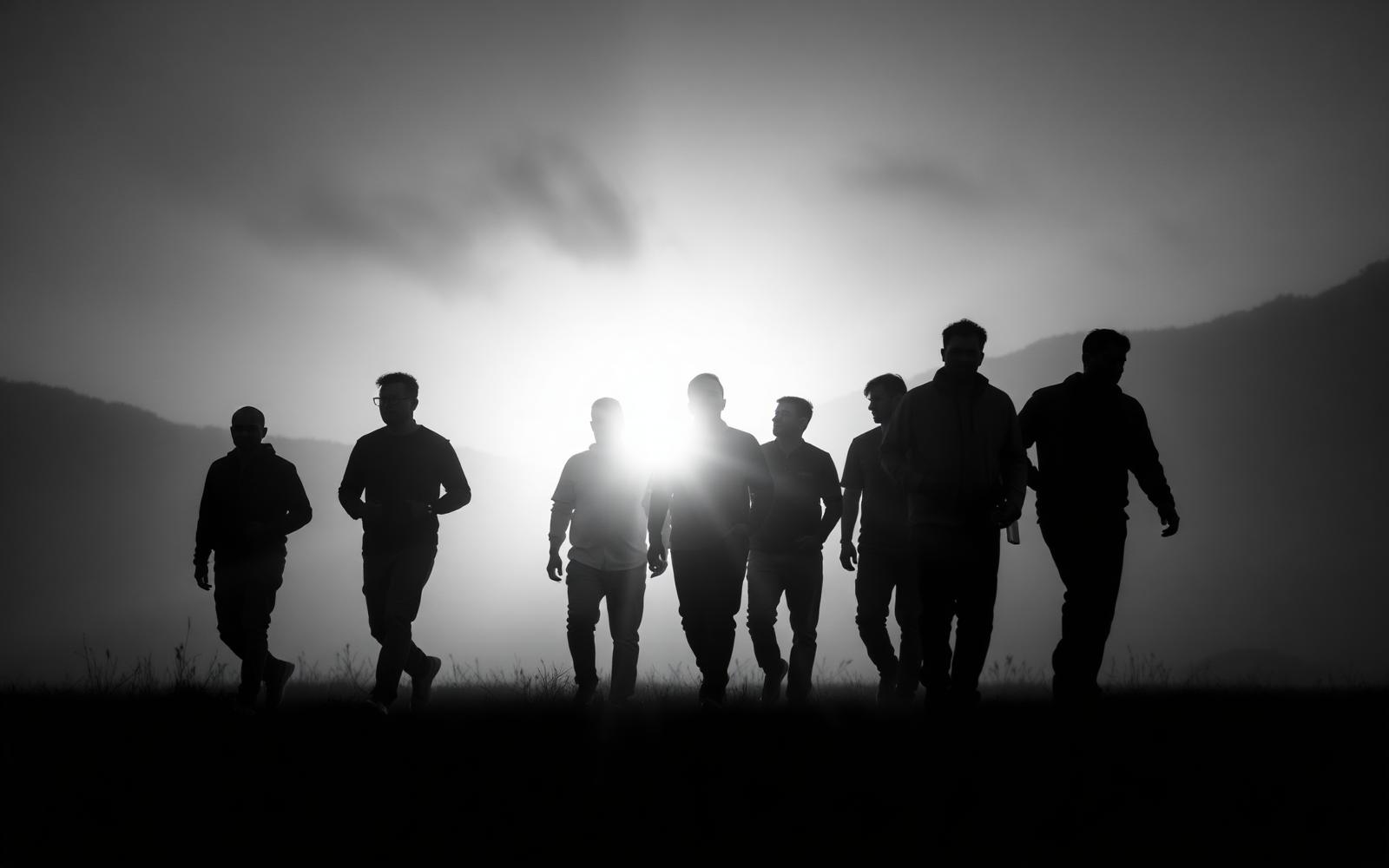 A group of men walking together at dawn